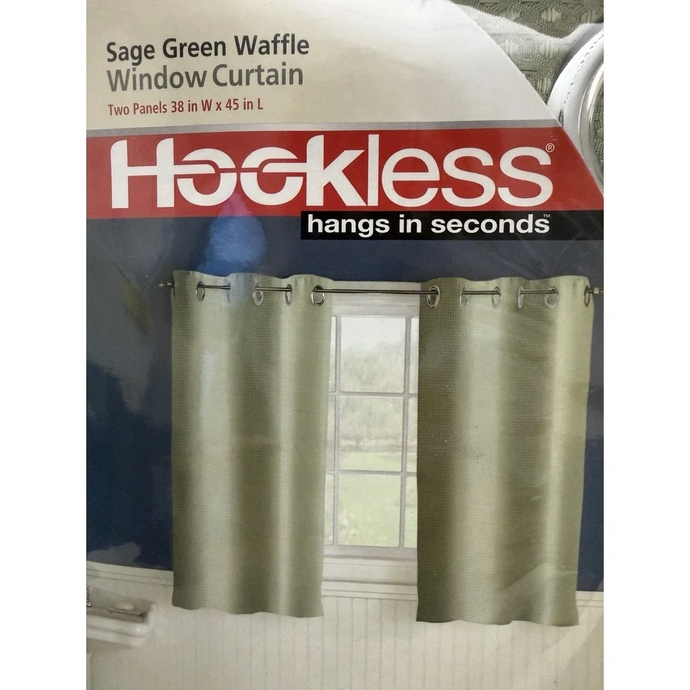 Hookless Hang In Seconds Sage Green Waffle Window Curtain 2 Panels 38x45 NEW!